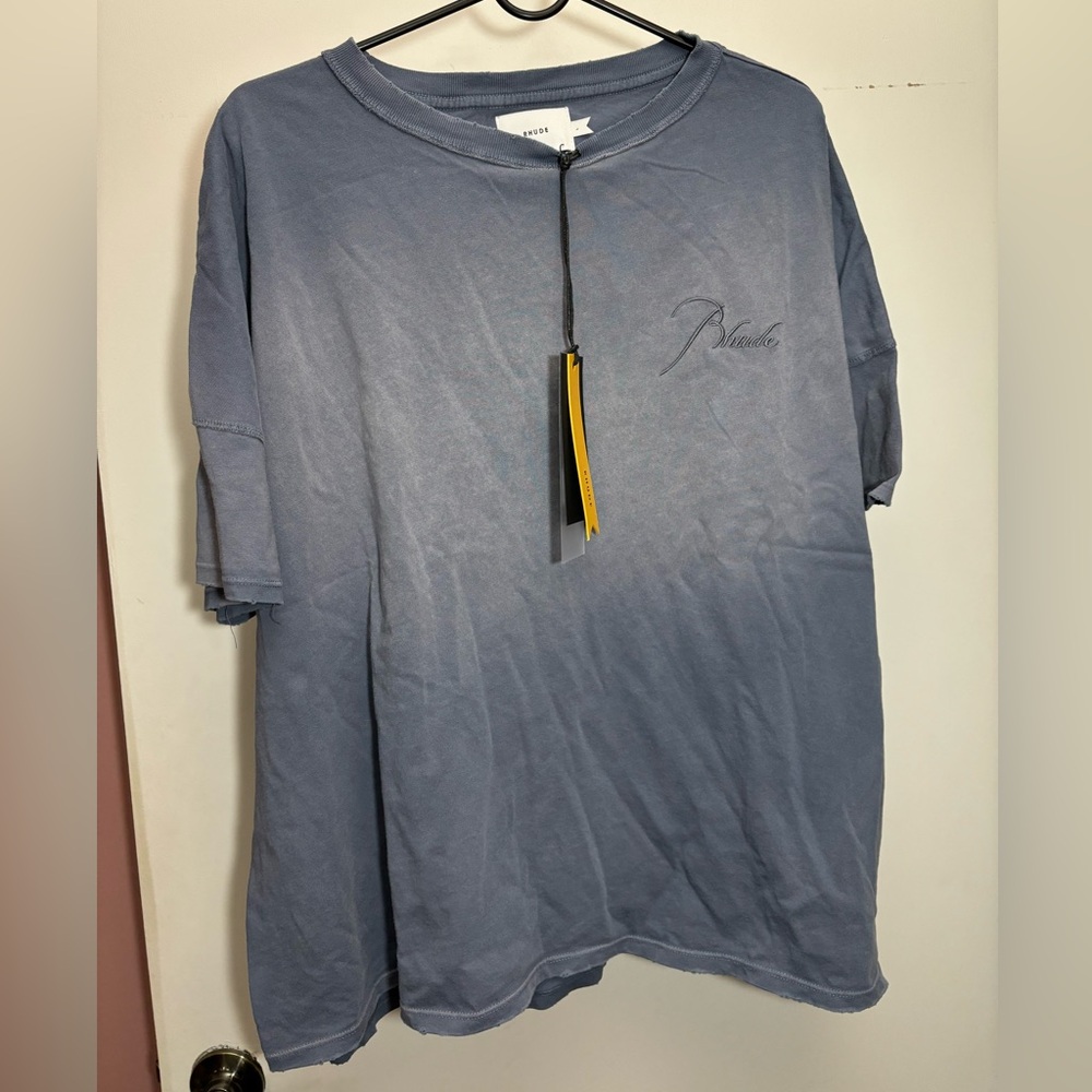 NEW RHUDE MENS SZ L LARGE BLUE SUN FADED LOGO TEE TSHIRT SUNDRY STEELE